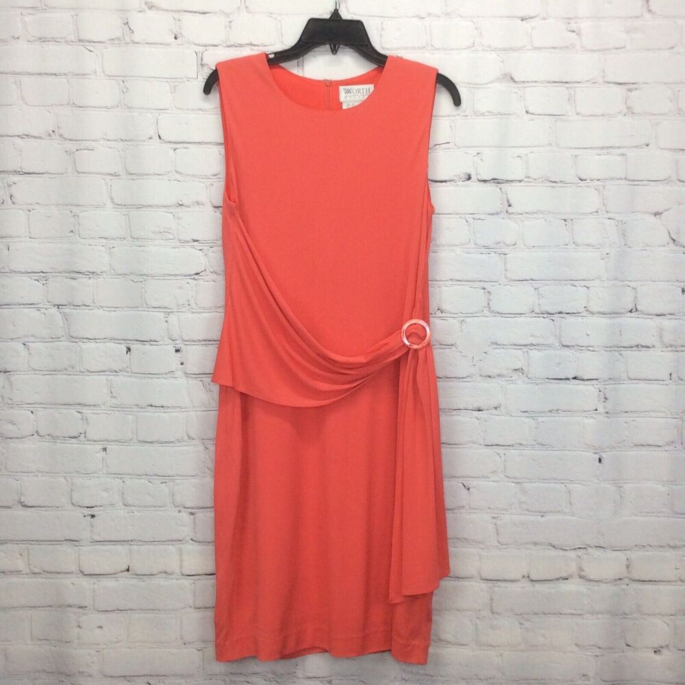 Worth Dress Women’s Sz 12 Faux Wrap Coral 100% Silk Sleeveless Swag Accent Flowy